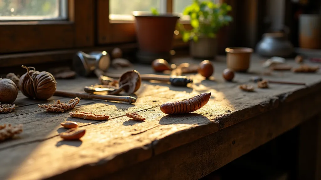 Accordion parts and heirloom beans on a workbench