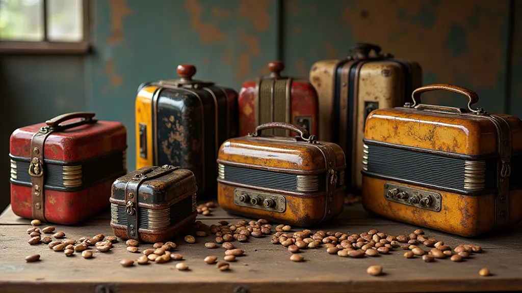 Antique accordions and heirloom beans on a wooden table