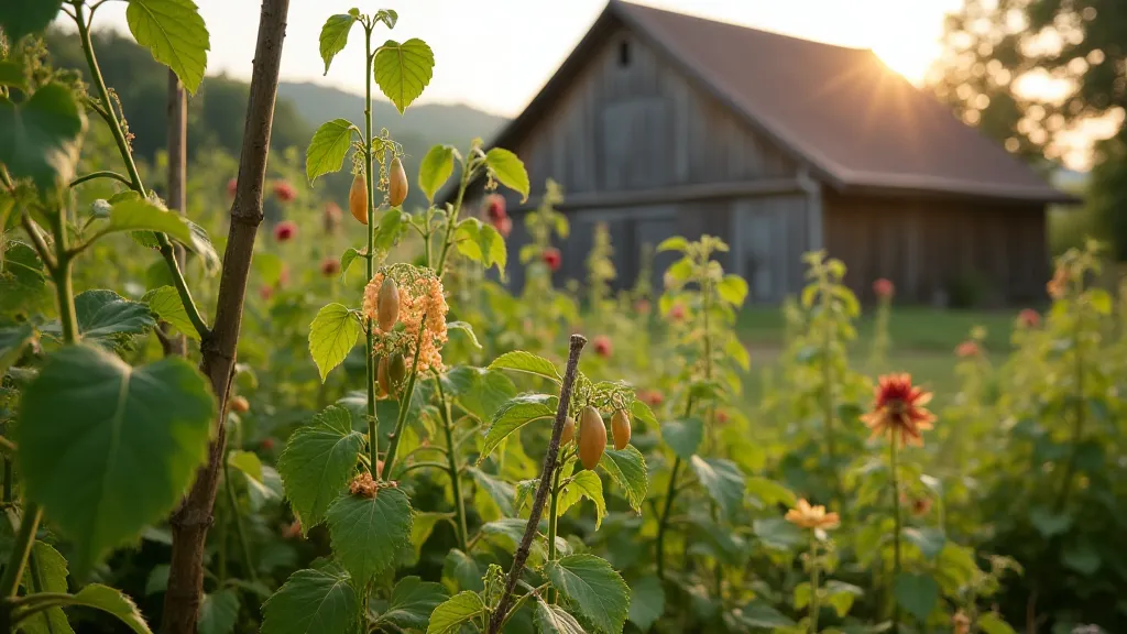 A colorful bean patch with a weathered barn in the background.