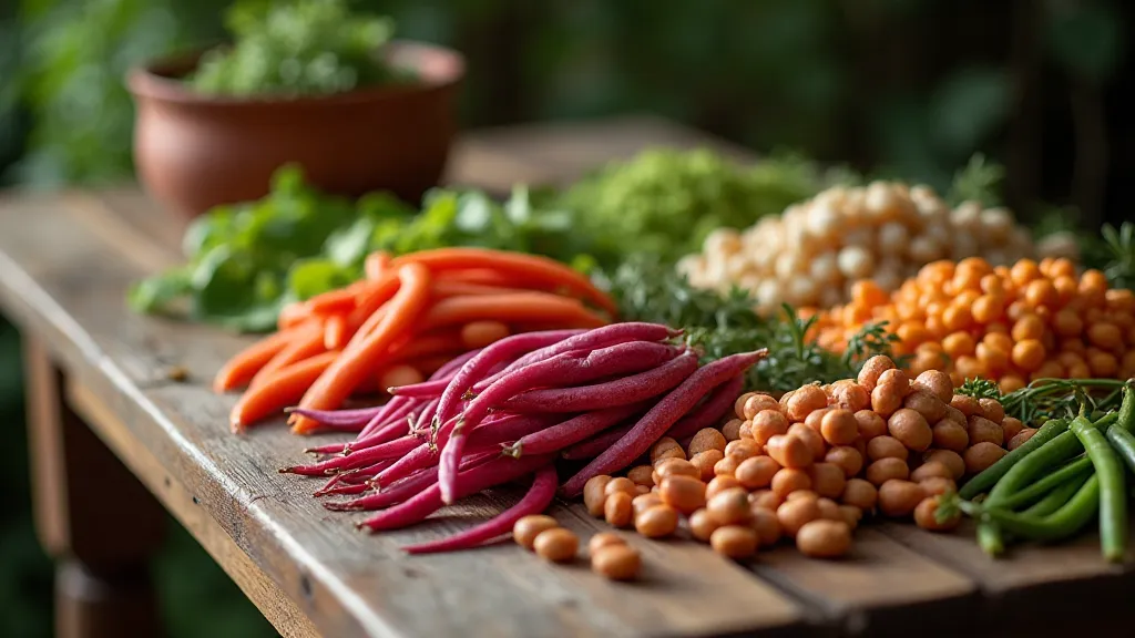 A display of various heirloom bean varieties on a rustic table.