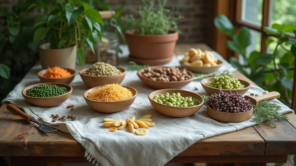 Display of heirloom bean varieties on a rustic table