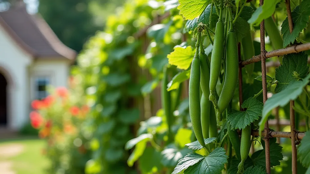 Heirloom bean plant climbing a trellis