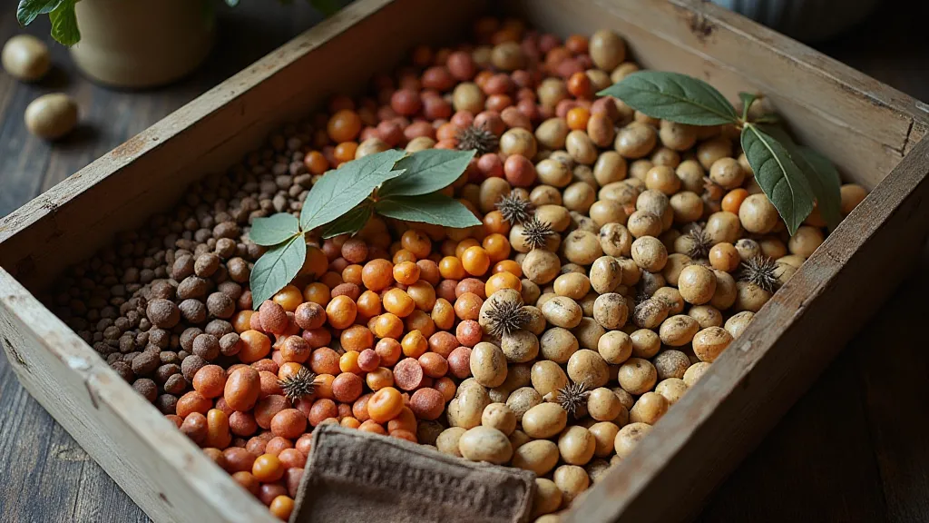 Assorted dried heirloom beans in a wooden box