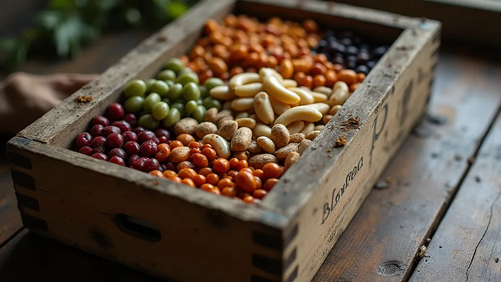 Assorted heirloom bean seeds in a wooden box